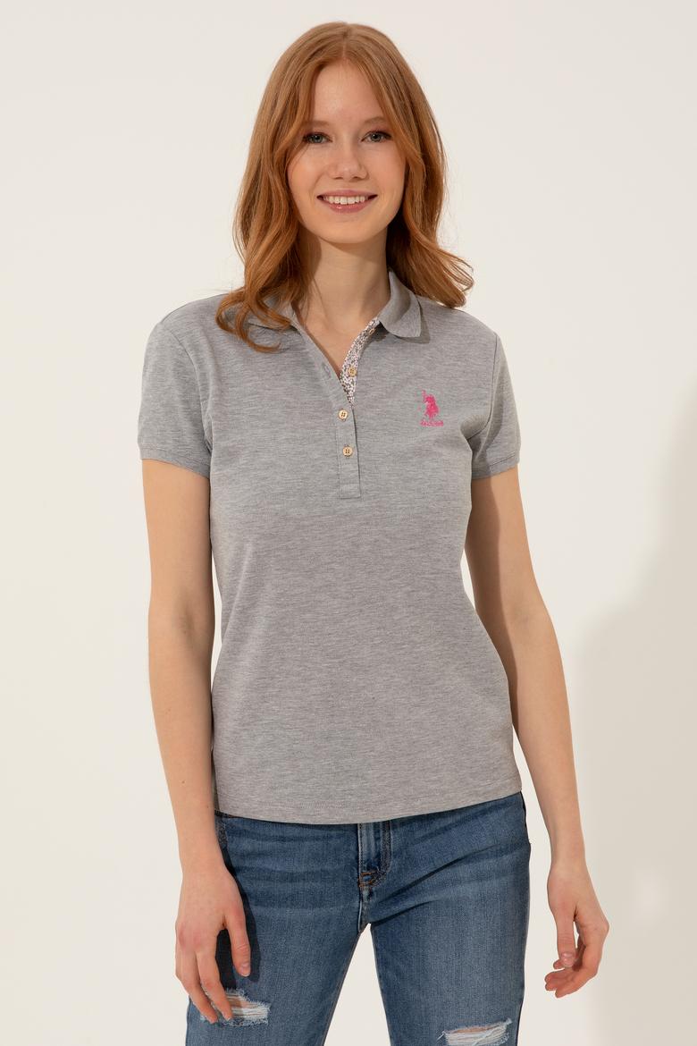 Kadın Gri Melanj Basic Polo Yaka Tişört - 50246287151