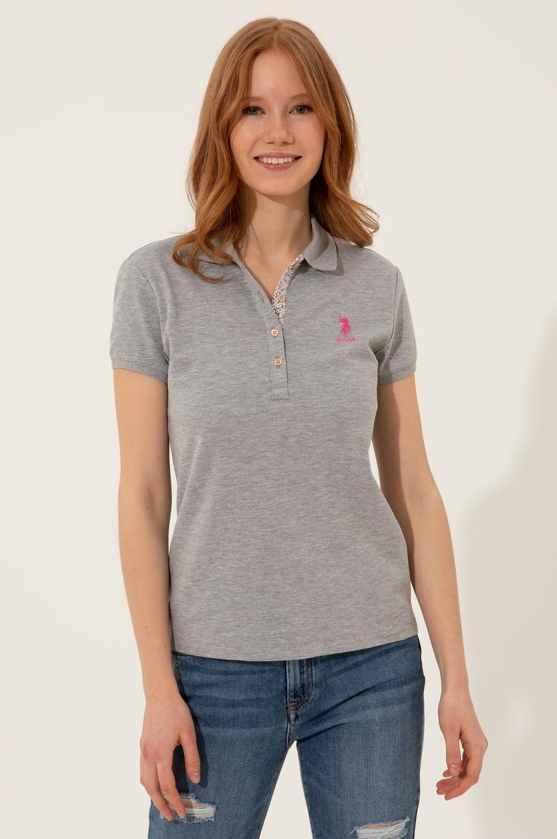 Kadın Gri Melanj Basic Polo Yaka Tişört
