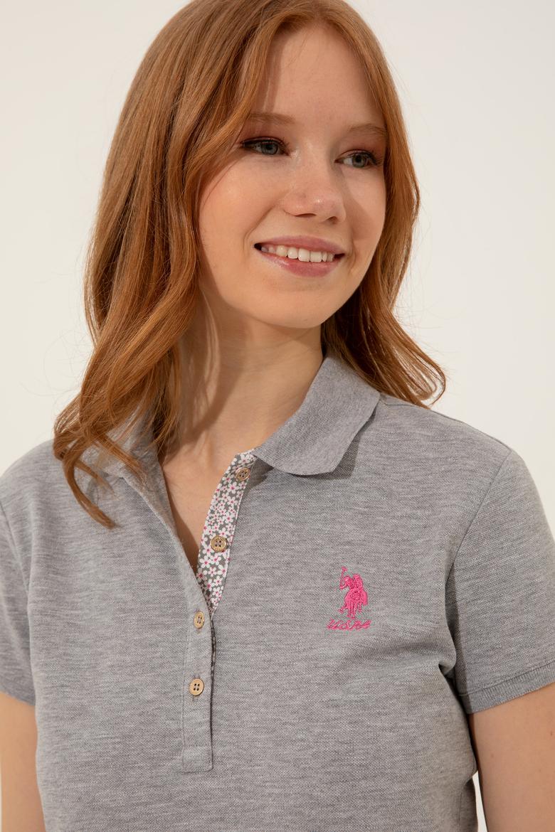 Kadın Gri Melanj Basic Polo Yaka Tişört