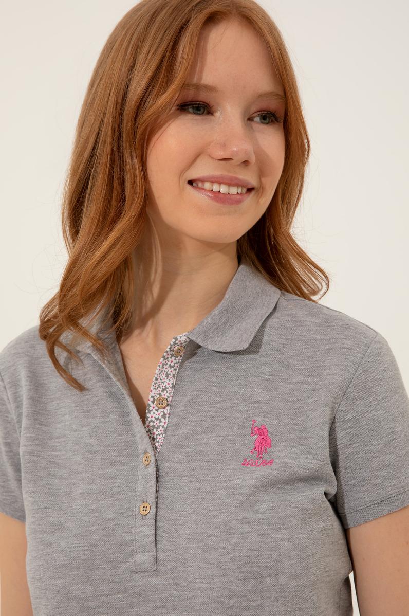 Kadın Gri Melanj Basic Polo Yaka Tişört