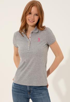 Kadın Gri Melanj Basic Polo Yaka Tişört - 50246287151