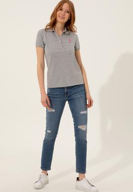 Kadın Gri Melanj Basic Polo Yaka Tişört - 50246287151