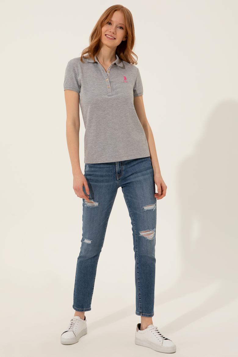 Kadın Gri Melanj Basic Polo Yaka Tişört - 50246287151