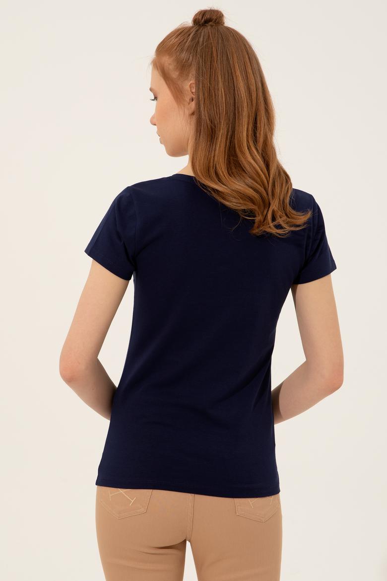 Kadın Lacivert V Yaka Basic Tişört - 50246286016