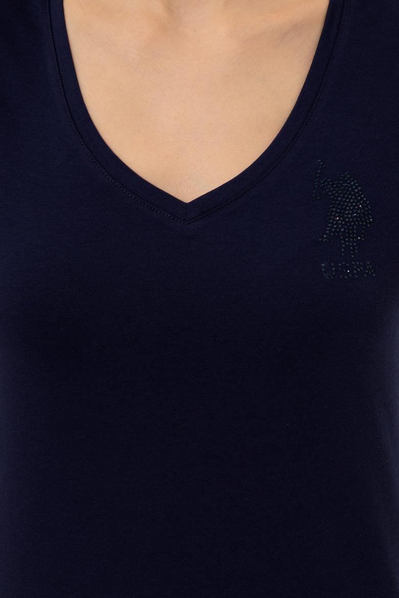 Kadın Lacivert V Yaka Basic Tişört - 50246286016