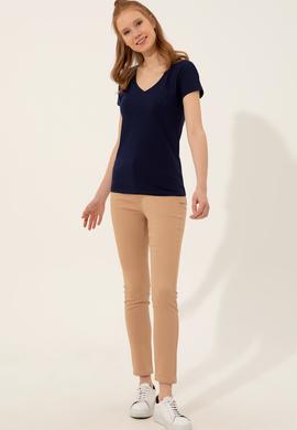 Kadın Lacivert V Yaka Basic Tişört - 50246286016