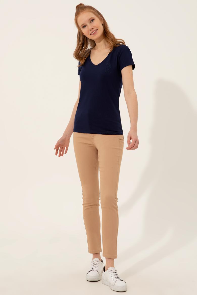 Kadın Lacivert V Yaka Basic Tişört - 50246286016