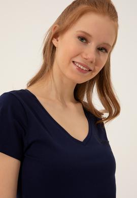 Kadın Lacivert V Yaka Basic Tişört - 50246286016