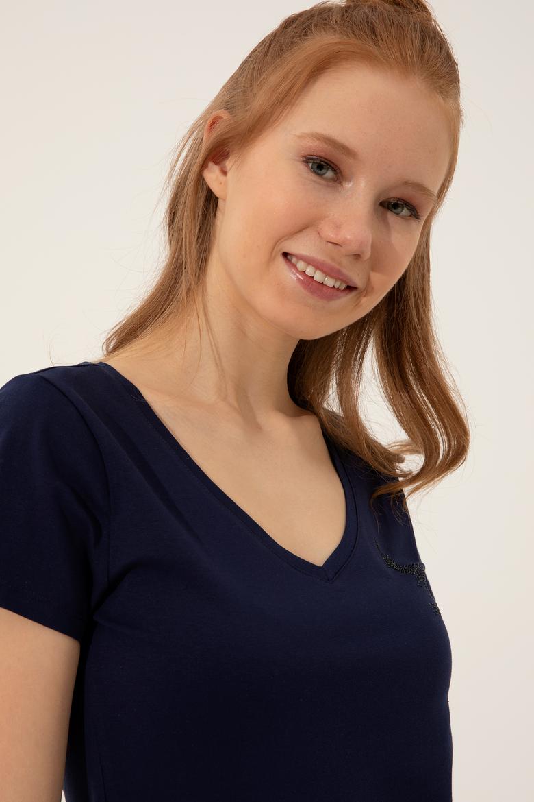 Kadın Lacivert V Yaka Basic Tişört - 50246286016