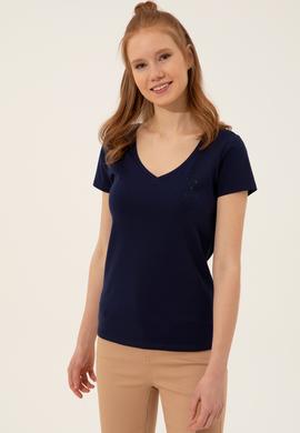 Kadın Lacivert V Yaka Basic Tişört - 50246286016