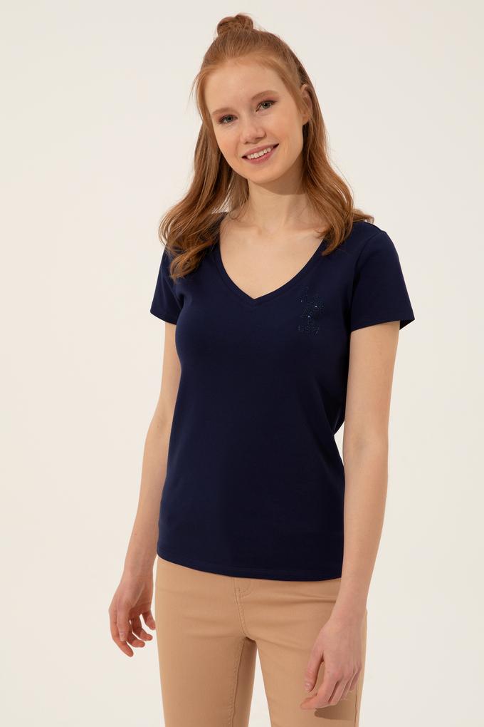 Kadın Lacivert V Yaka Basic Tişört