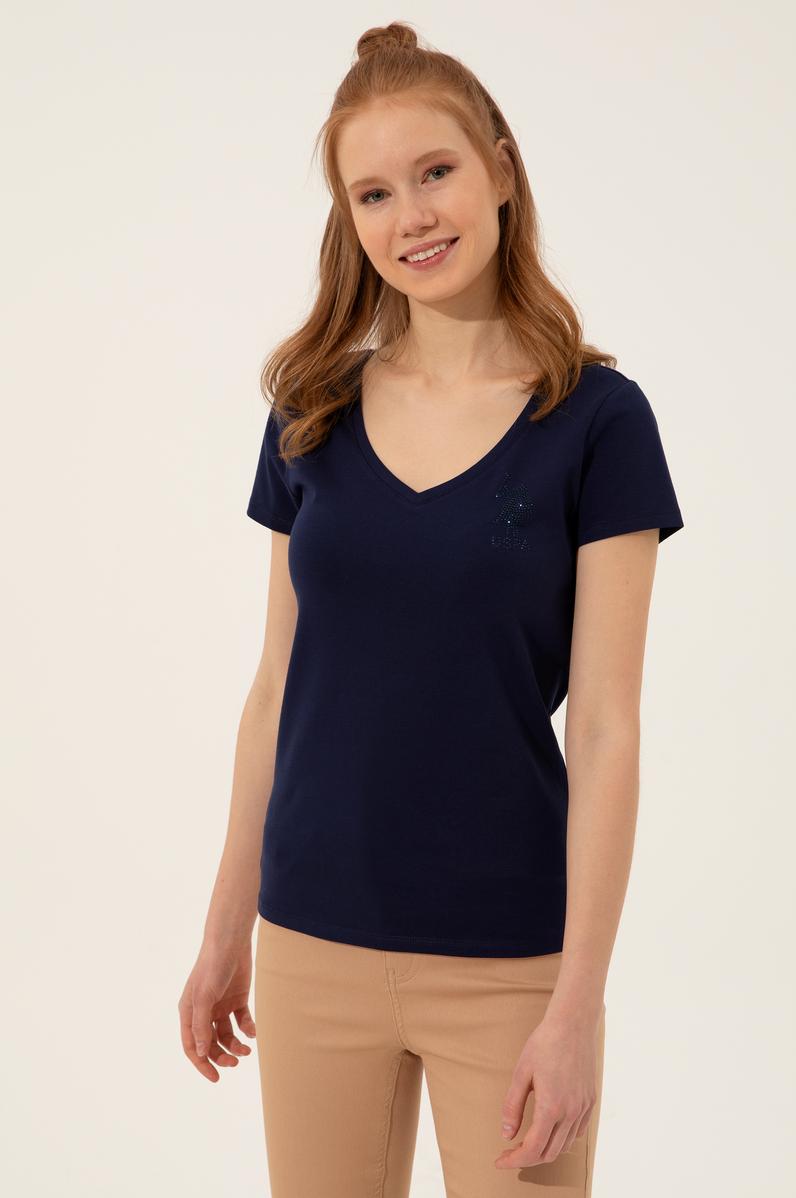 Kadın Lacivert V Yaka Basic Tişört