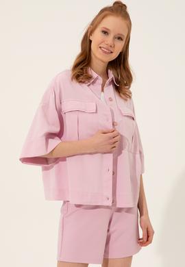 Kadın Manolya Keten Görünümlü Uzun Kollu Gömlek - 50246377041