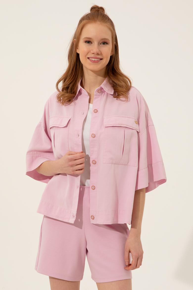 Kadın Manolya Keten Görünümlü Uzun Kollu Gömlek