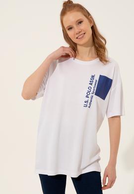 Kadın Beyaz Bisiklet Yaka Oversize Tişört - 50249054004