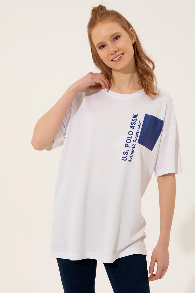 Kadın Beyaz Bisiklet Yaka Oversize Tişört - 50249054004