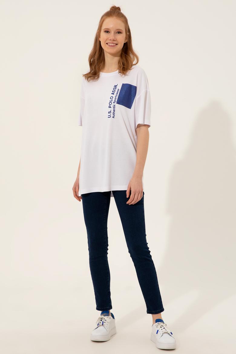 Kadın Beyaz Bisiklet Yaka Oversize Tişört - 50249054004