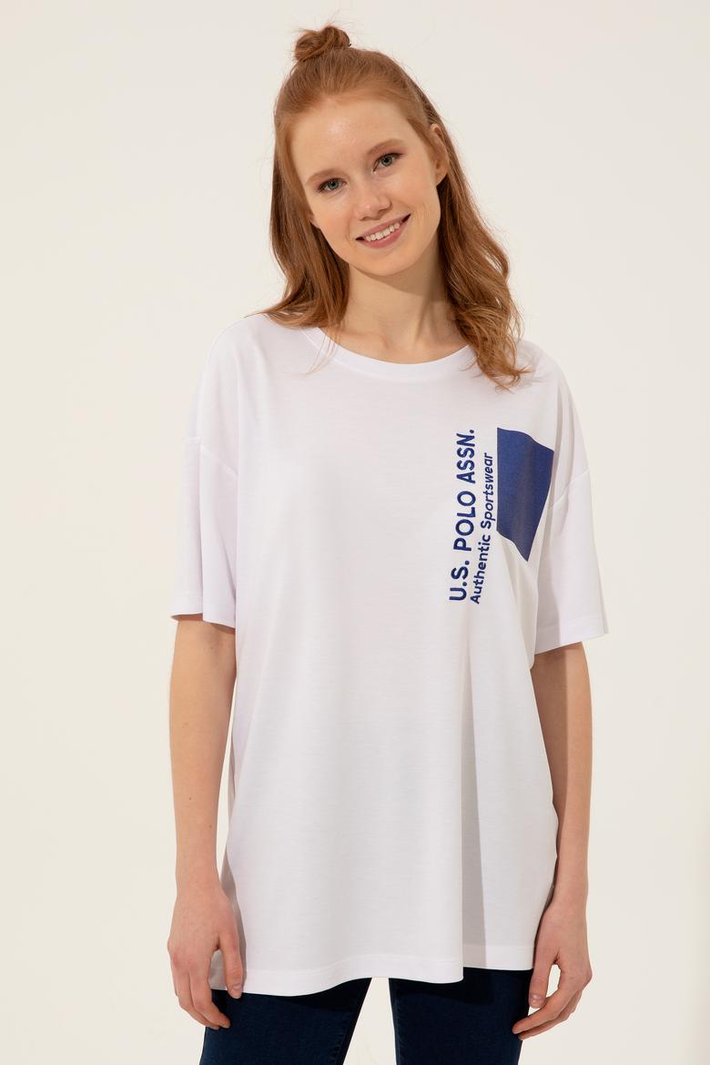 Kadın Beyaz Bisiklet Yaka Oversize Tişört