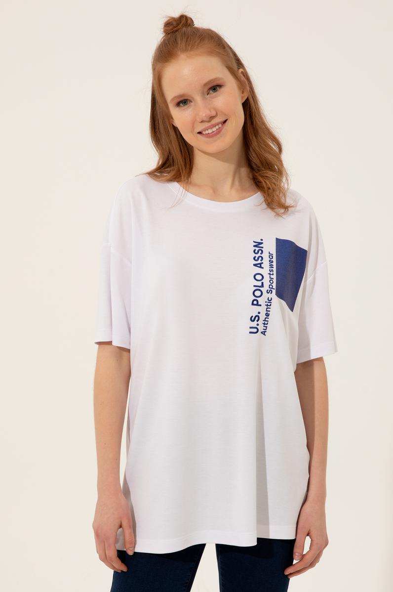 Kadın Beyaz Bisiklet Yaka Oversize Tişört