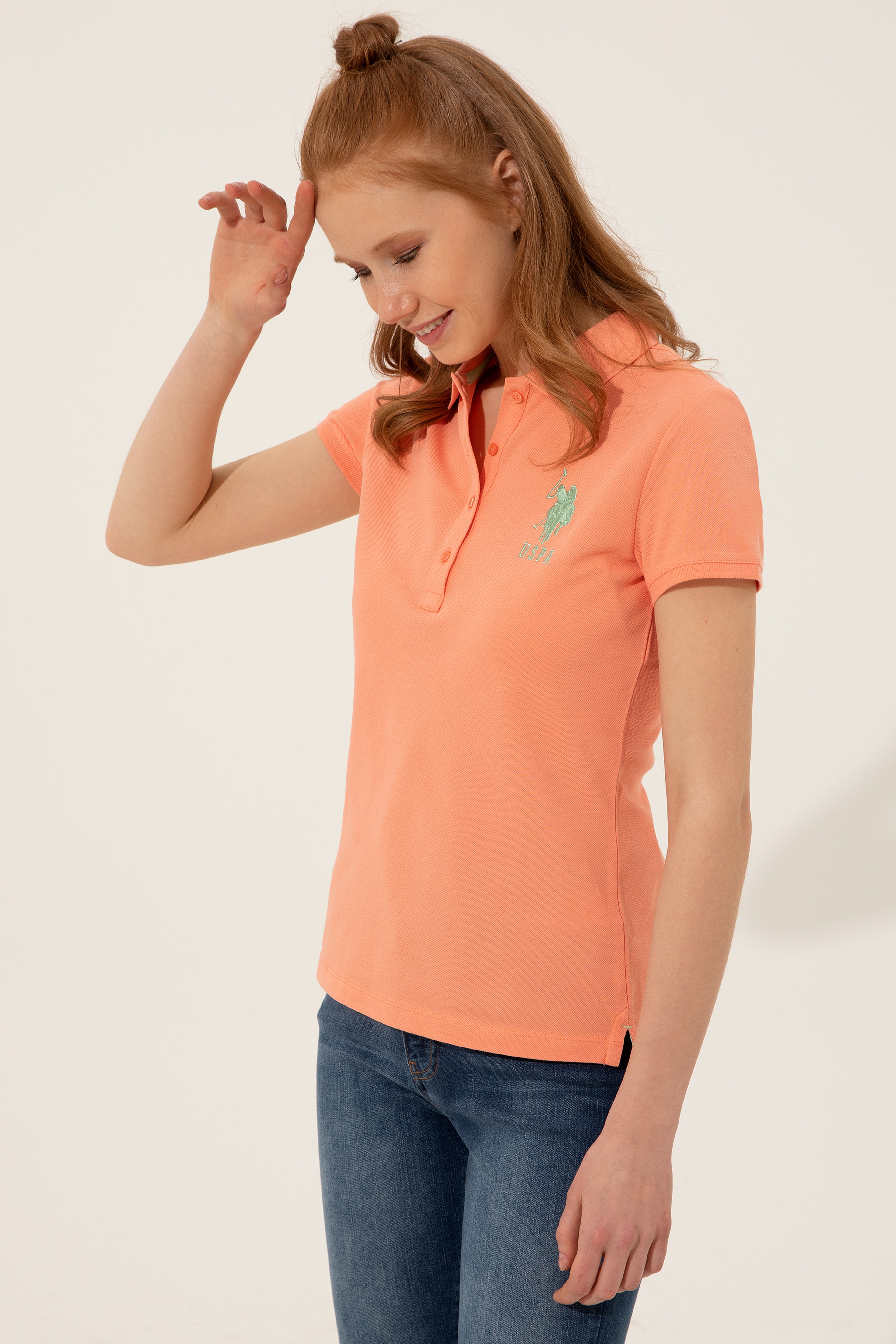 Kadın Somon Basic Polo Yaka Tişört - Image 3
