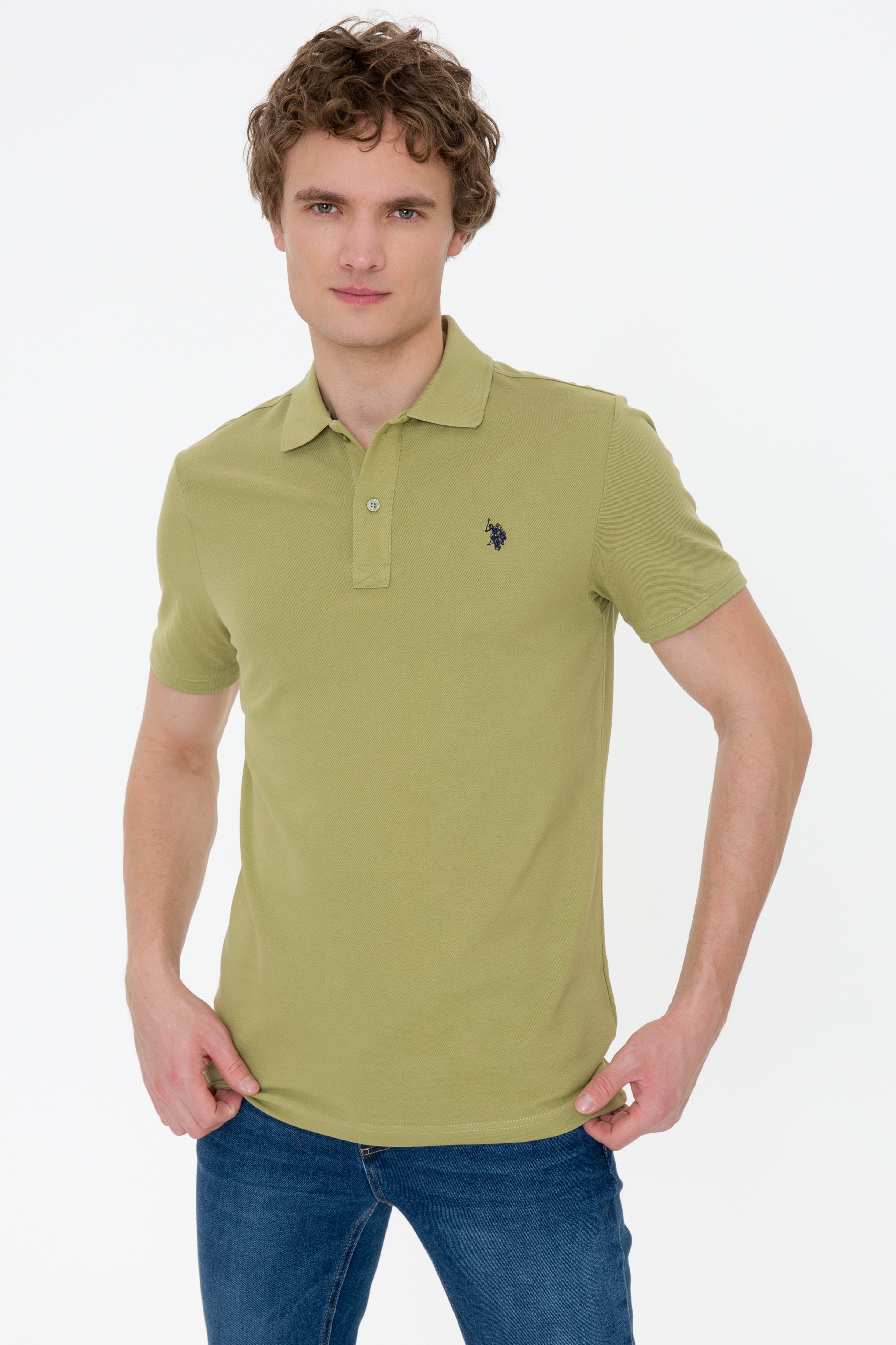 Erkek Koyu Haki Polo Yaka Basic T-Shirt - Image 1