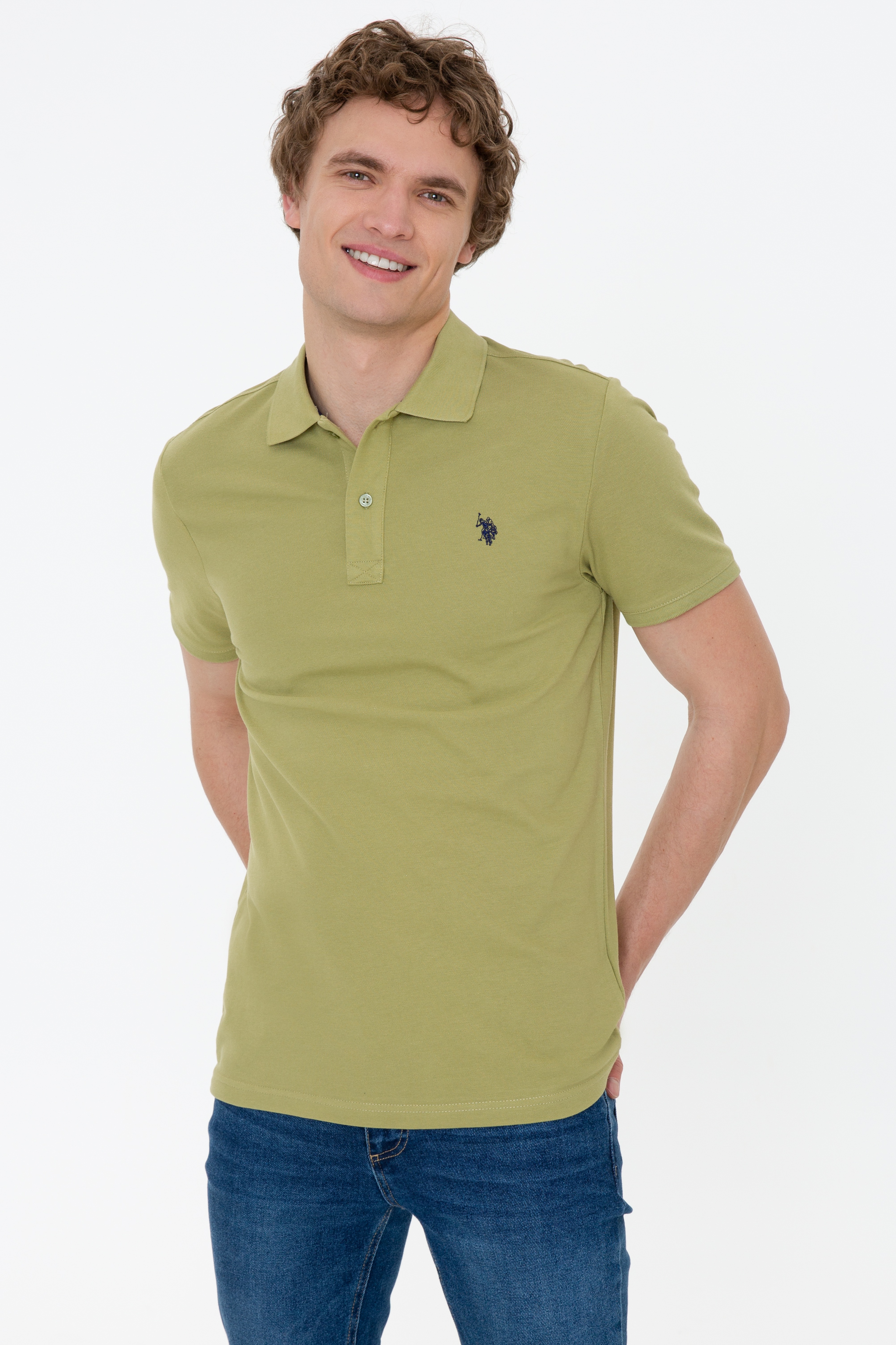 Erkek Koyu Haki Polo Yaka Basic T-Shirt - Image 3