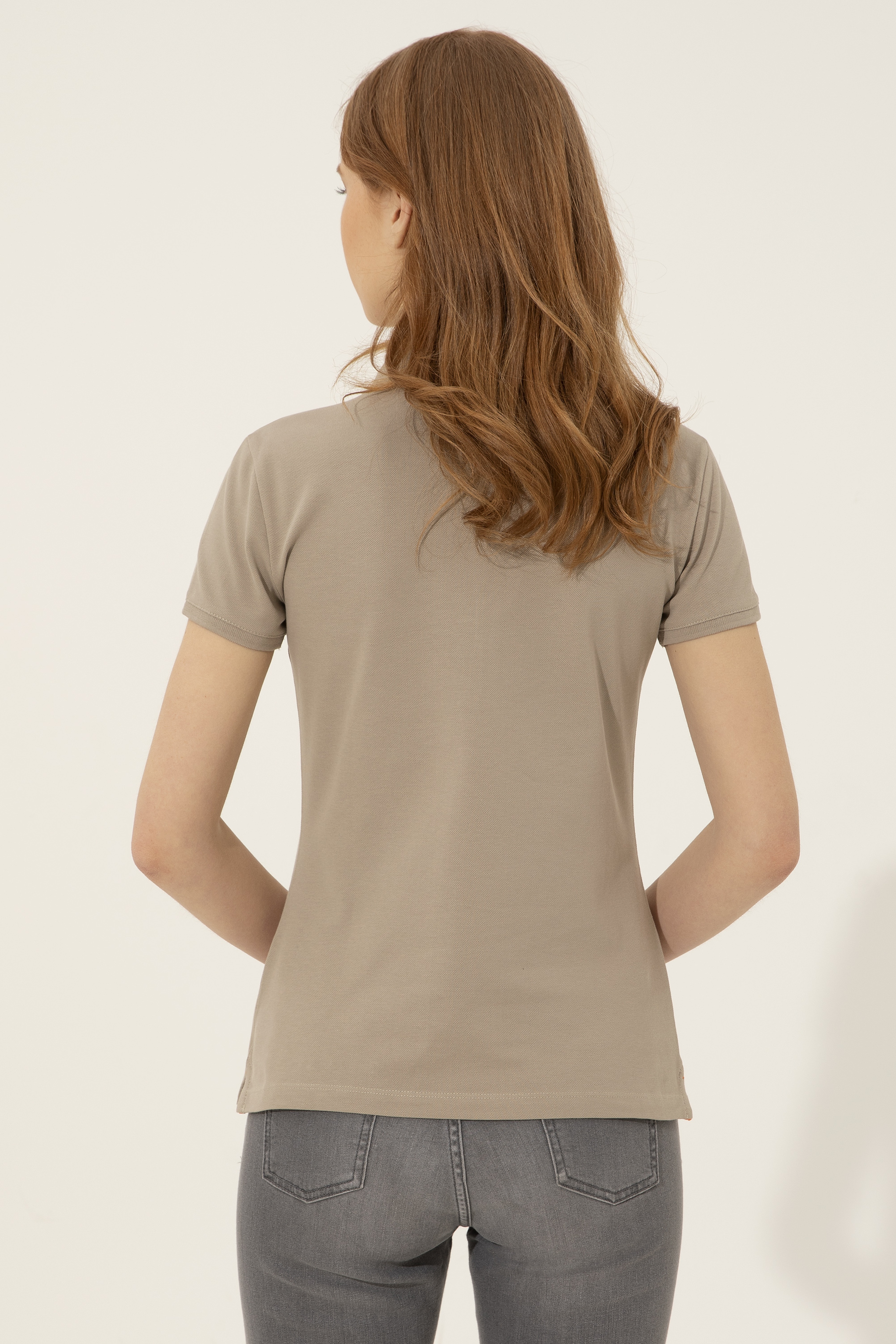 Kadın Haki Basic Polo Yaka Tişört - Image 5
