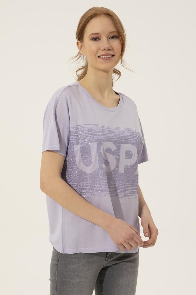 Kadın Lila Bisiklet Yaka Tişört - 50249033006