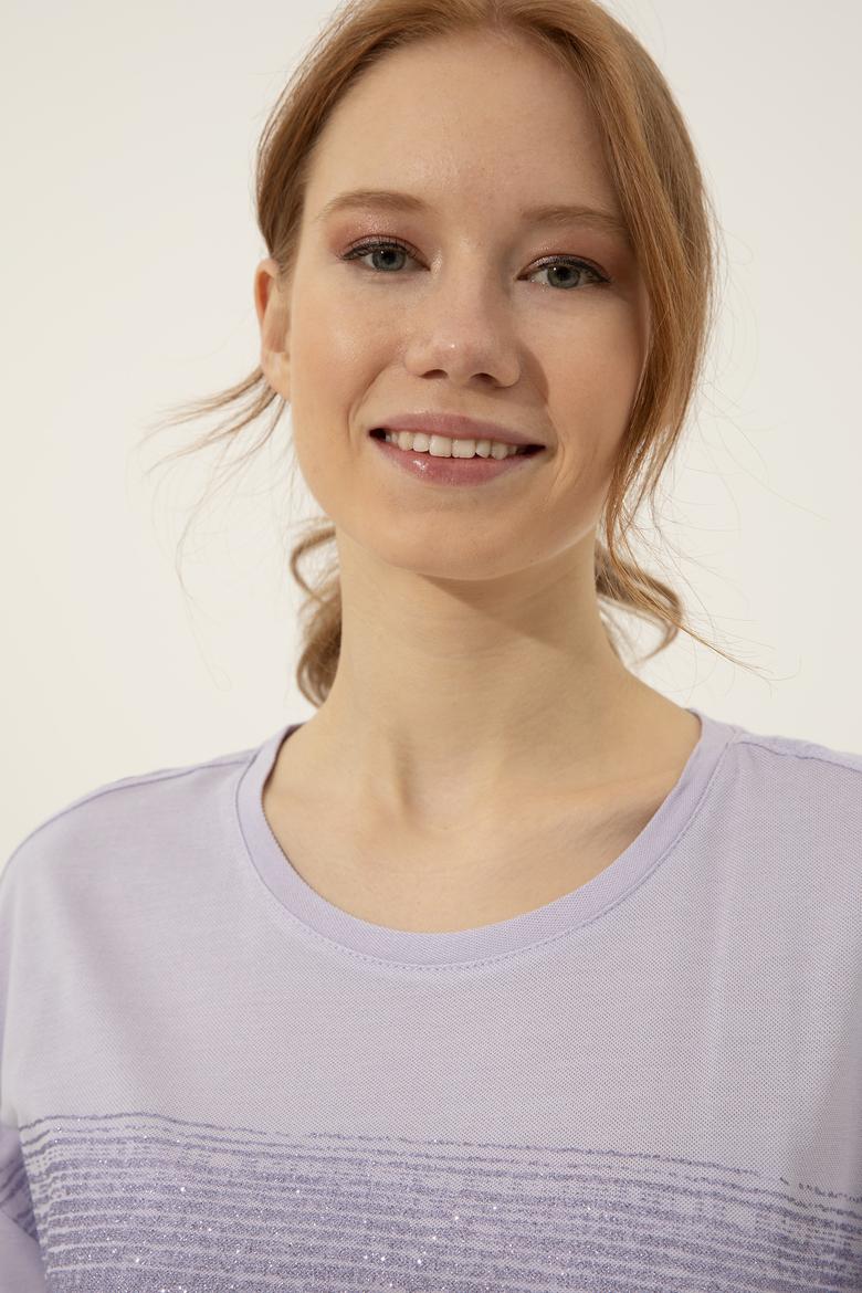 Kadın Lila Bisiklet Yaka Tişört - 50249033006