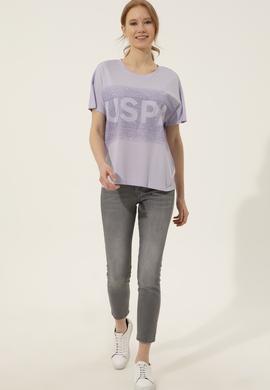 Kadın Lila Bisiklet Yaka Tişört - 50249033006