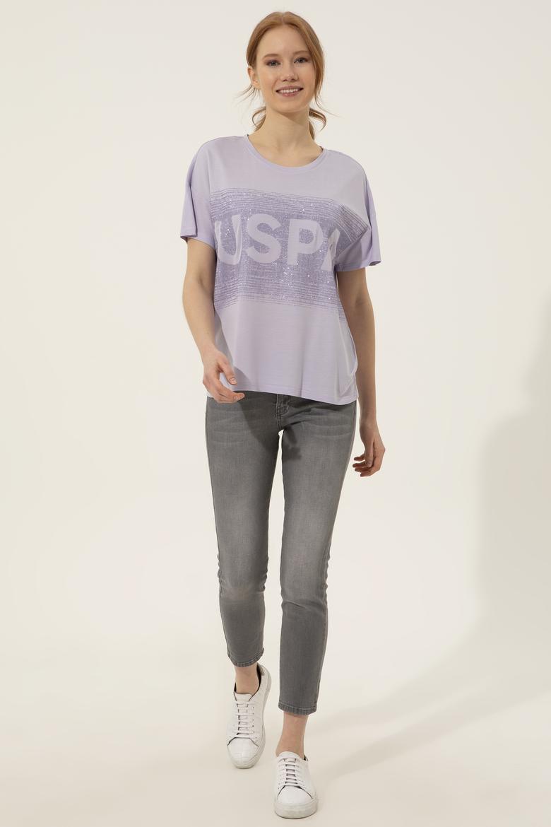 Kadın Lila Bisiklet Yaka Tişört - 50249033006