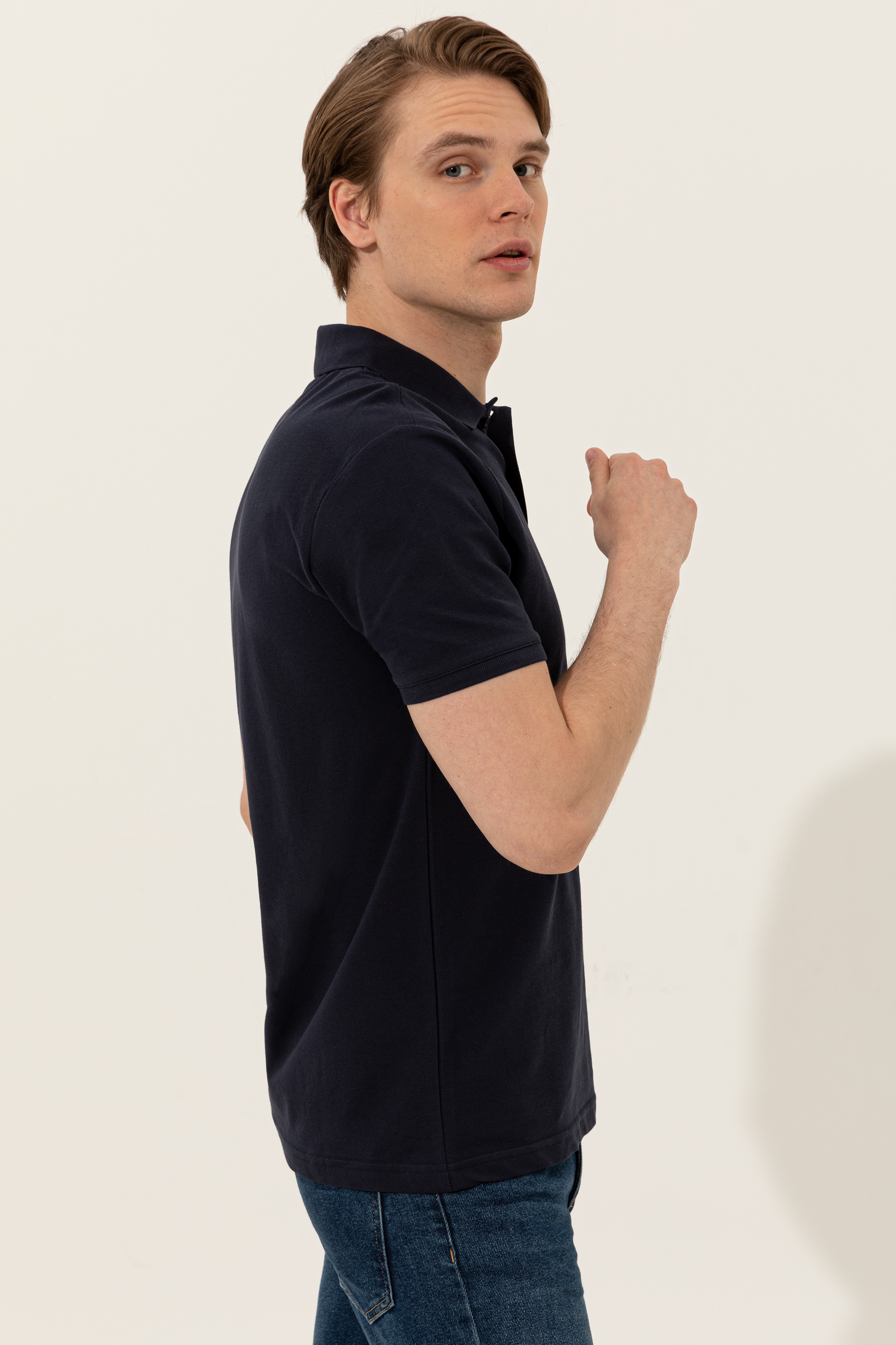 Erkek Koyu Lacivert Polo Yaka Basic T-Shirt - Image 3