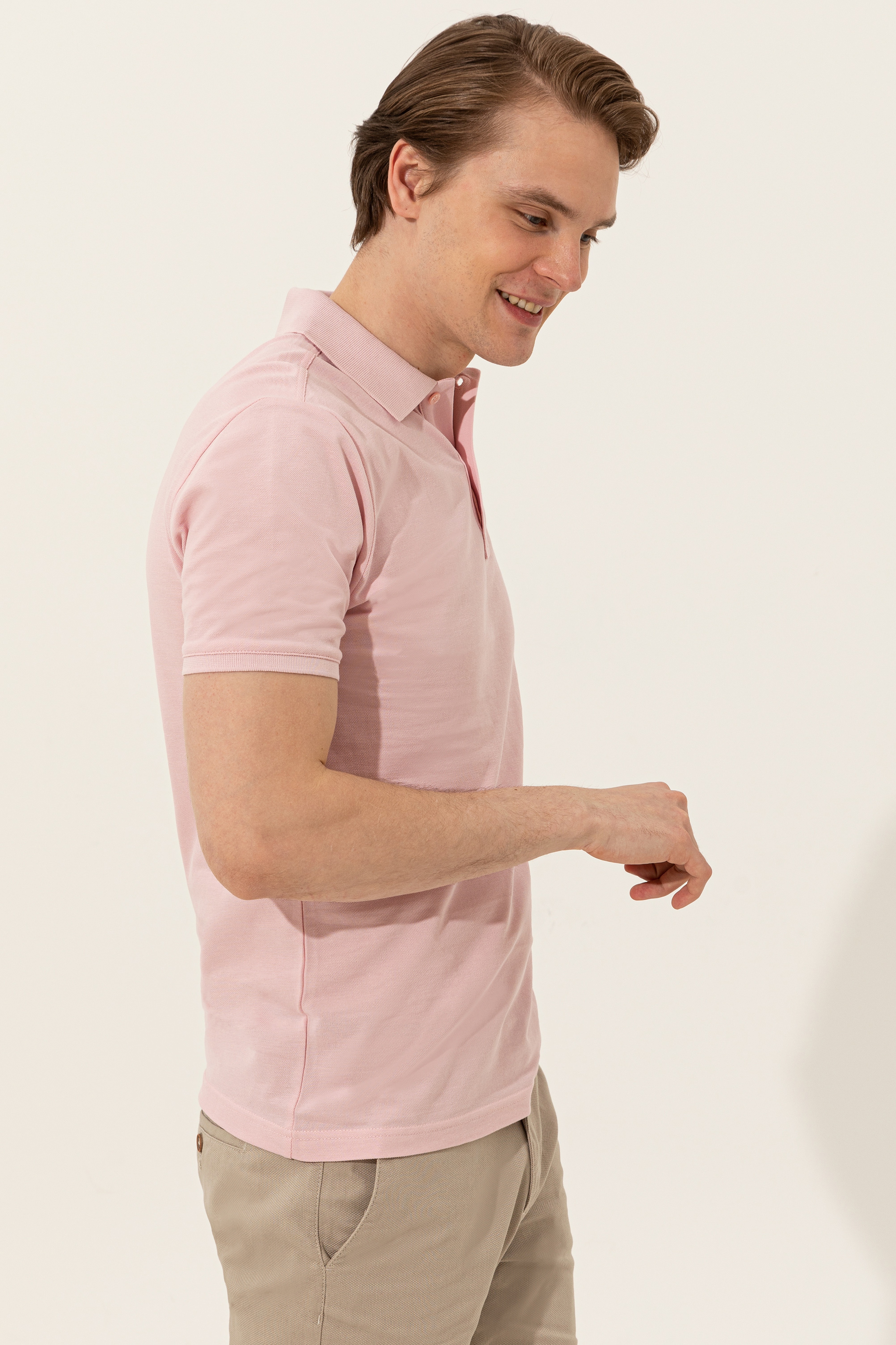 Erkek Pudra Polo Yaka Basic T-Shirt
