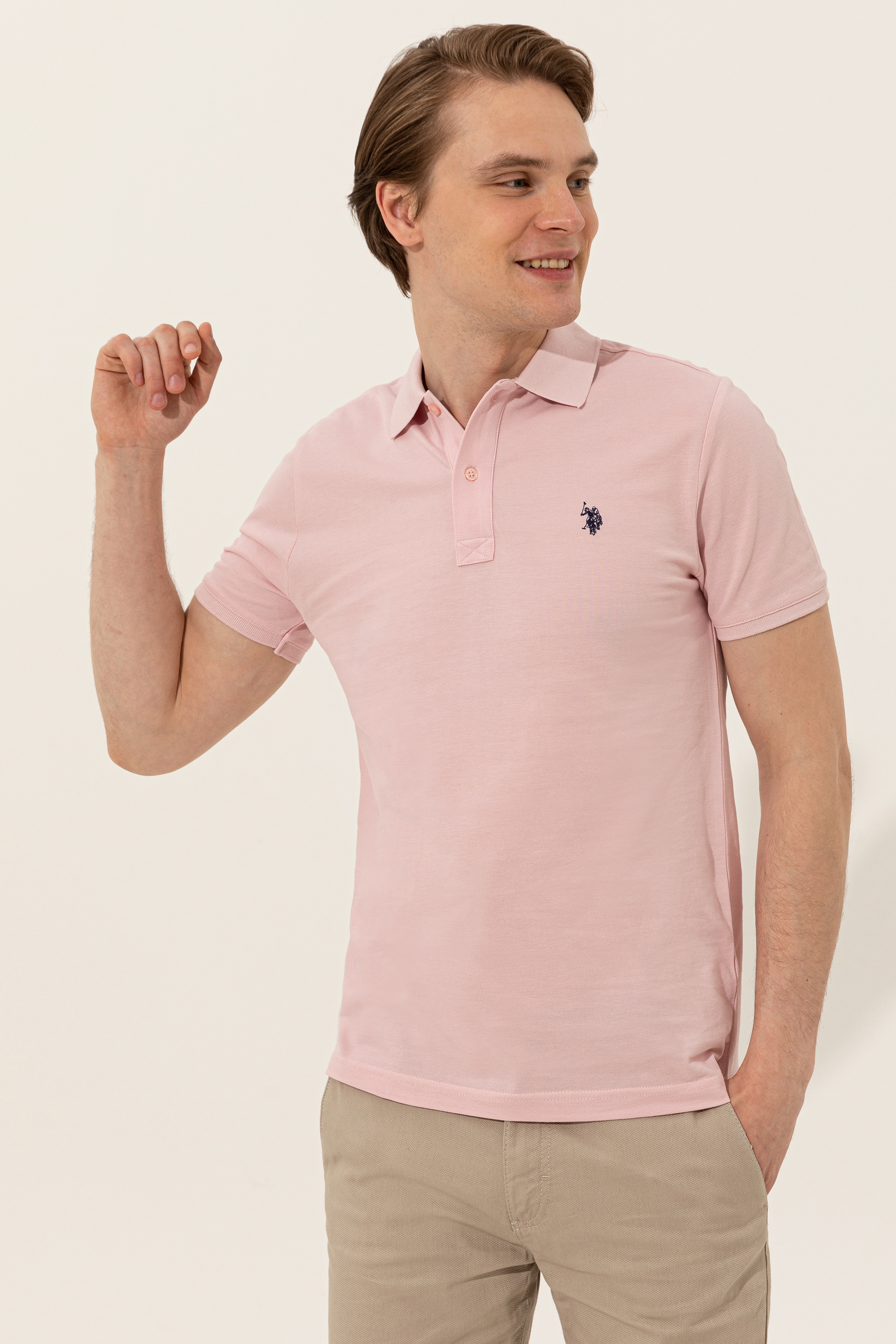 Erkek Pudra Polo Yaka Basic T-Shirt - Image 1