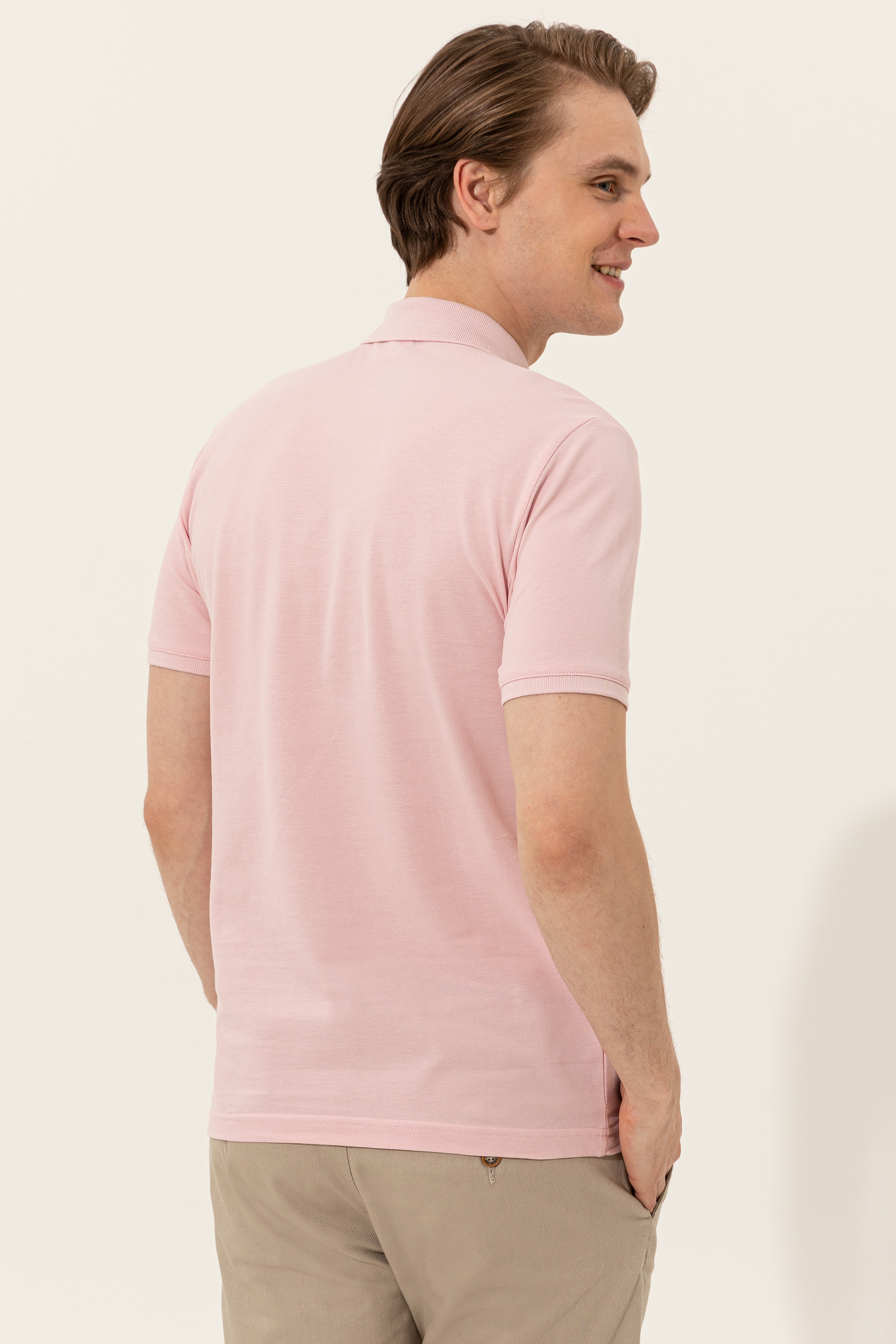 Erkek Pudra Polo Yaka Basic T-Shirt - Image 5