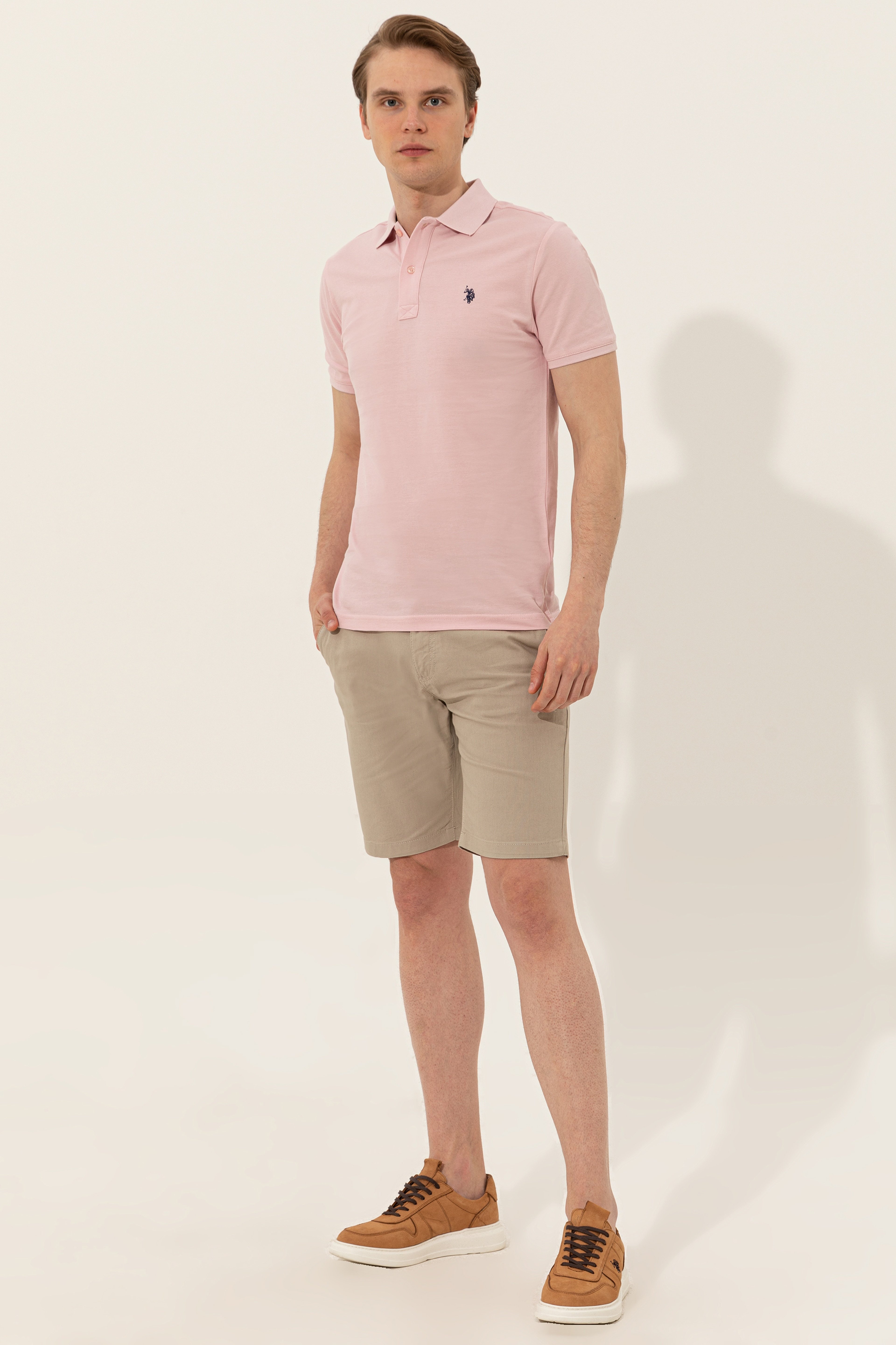 Erkek Pudra Polo Yaka Basic T-Shirt - Image 4