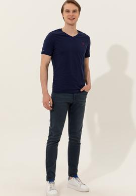 Erkek Lacivert V Yaka Basic Tişört - 50248506016