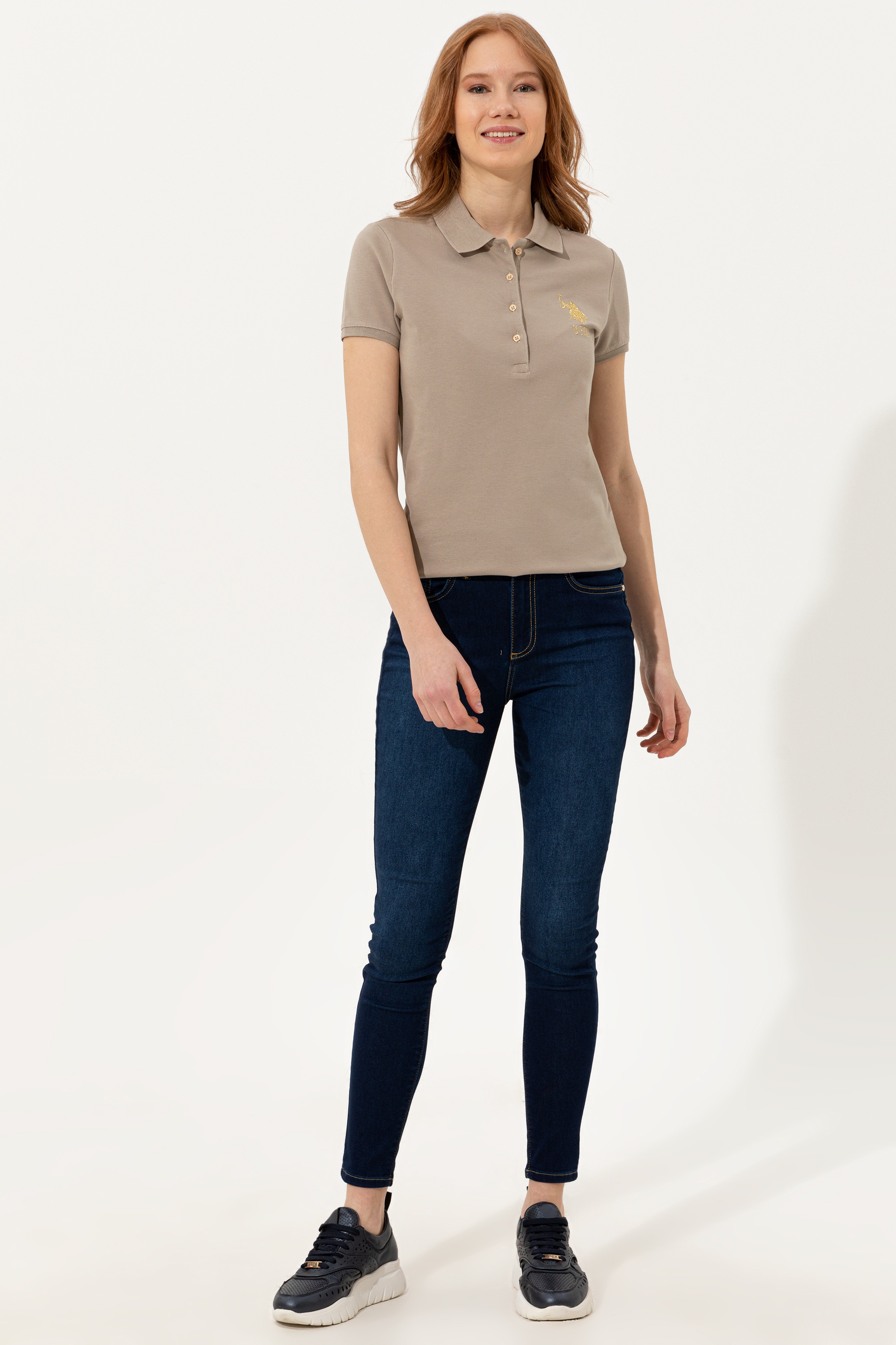 Kadın Haki Basic Polo Yaka Tişört - Image 4