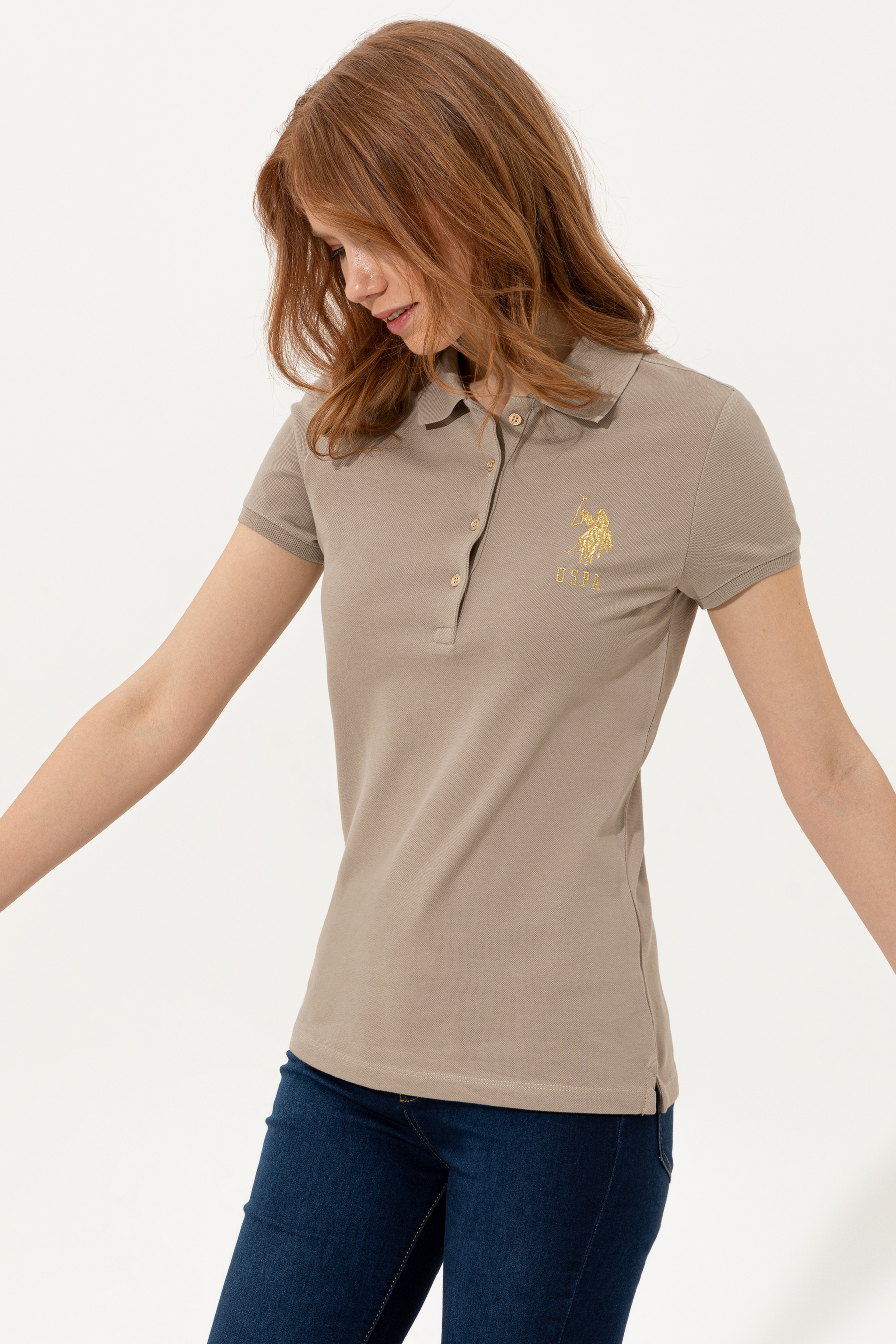 Kadın Haki Basic Polo Yaka Tişört - Image 3