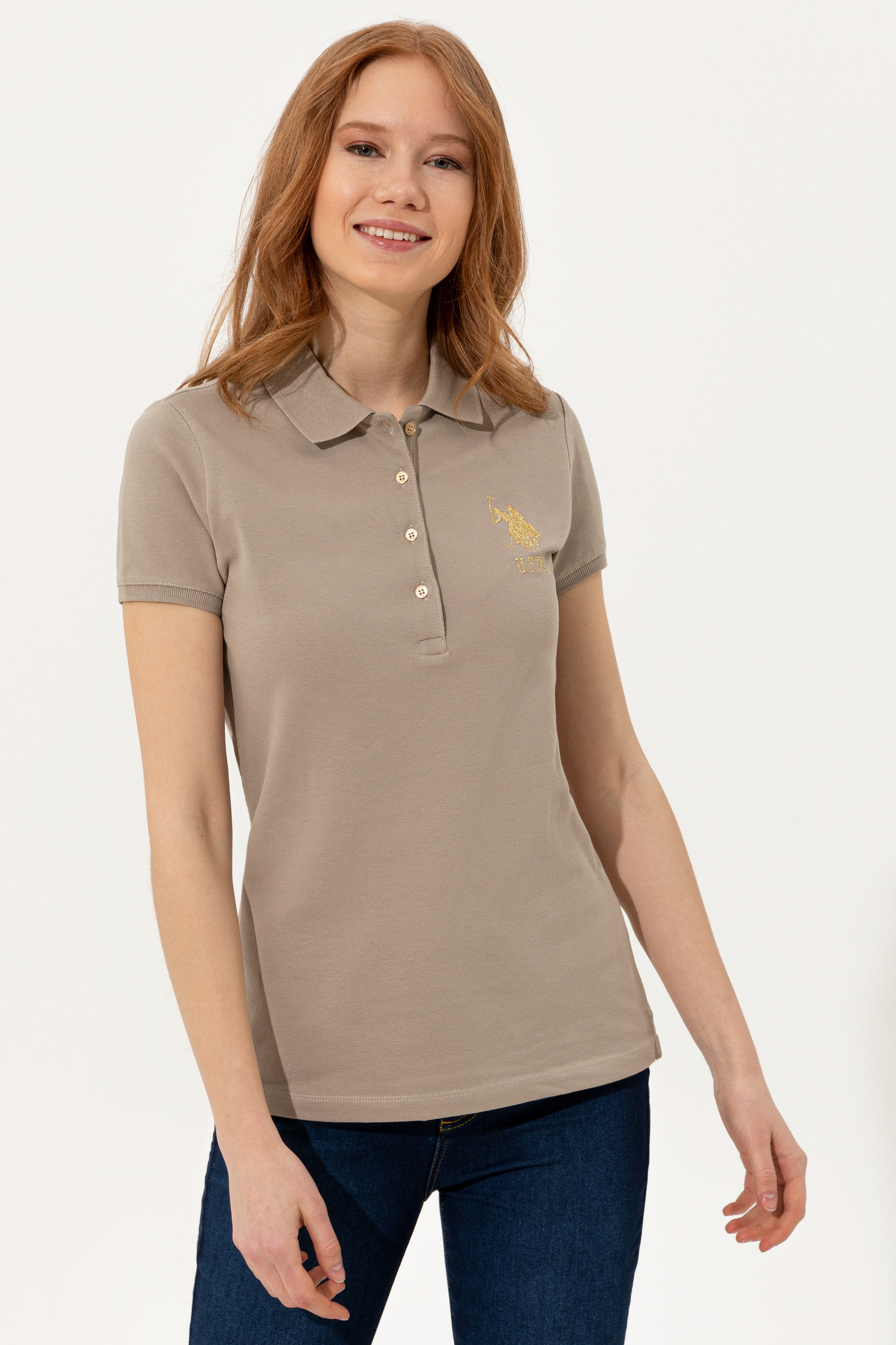 Kadın Haki Basic Polo Yaka Tişört - Image 1