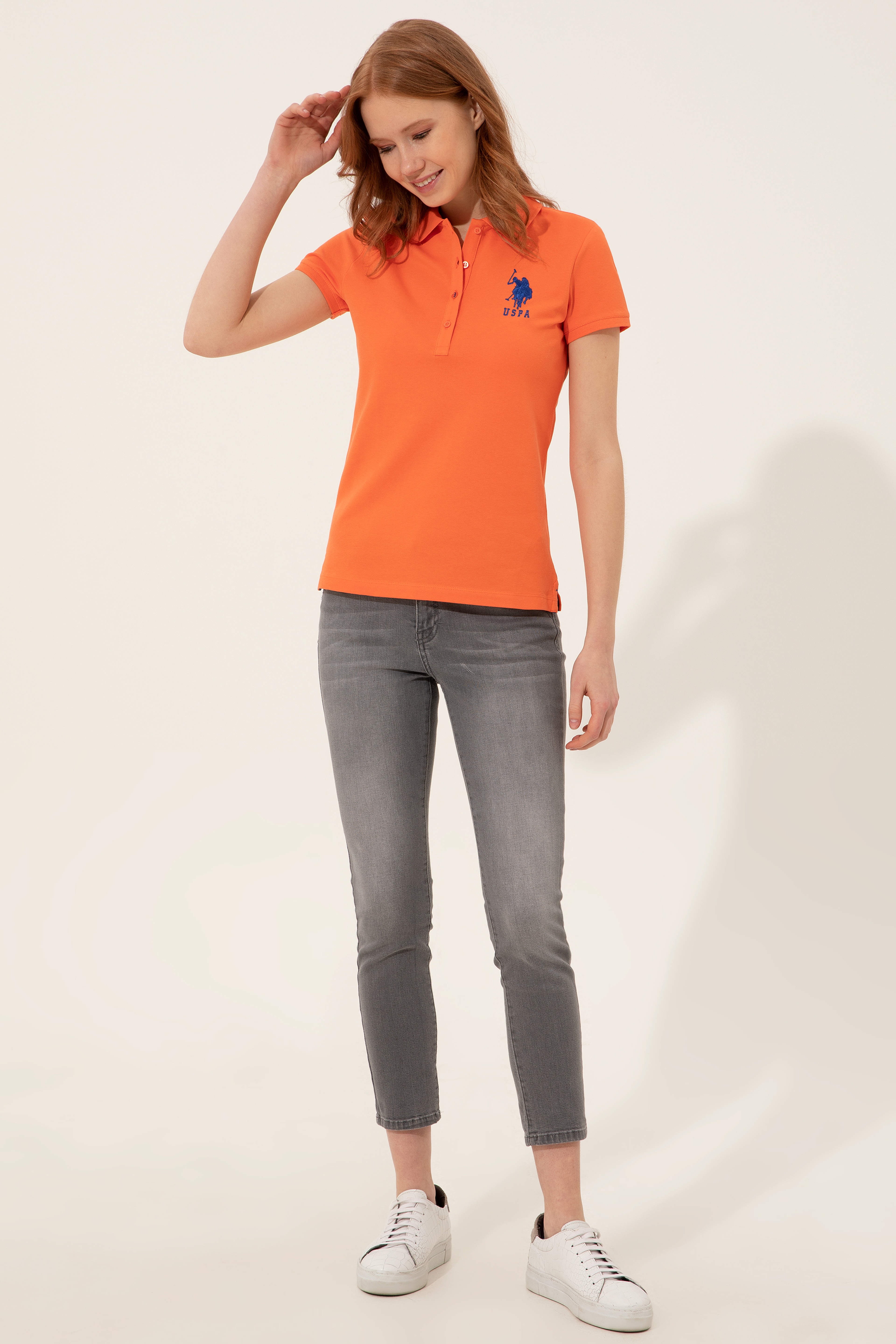 Kadın Turuncu Basic Polo Yaka Tişört - Image 4