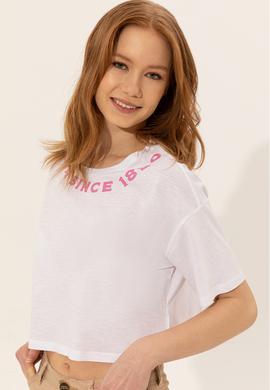 Kadın Beyaz Bisiklet Yaka Crop Tişört - 50248144004