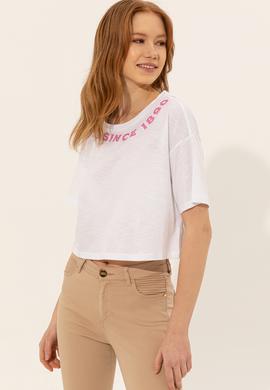 Kadın Beyaz Bisiklet Yaka Crop Tişört - 50248144004