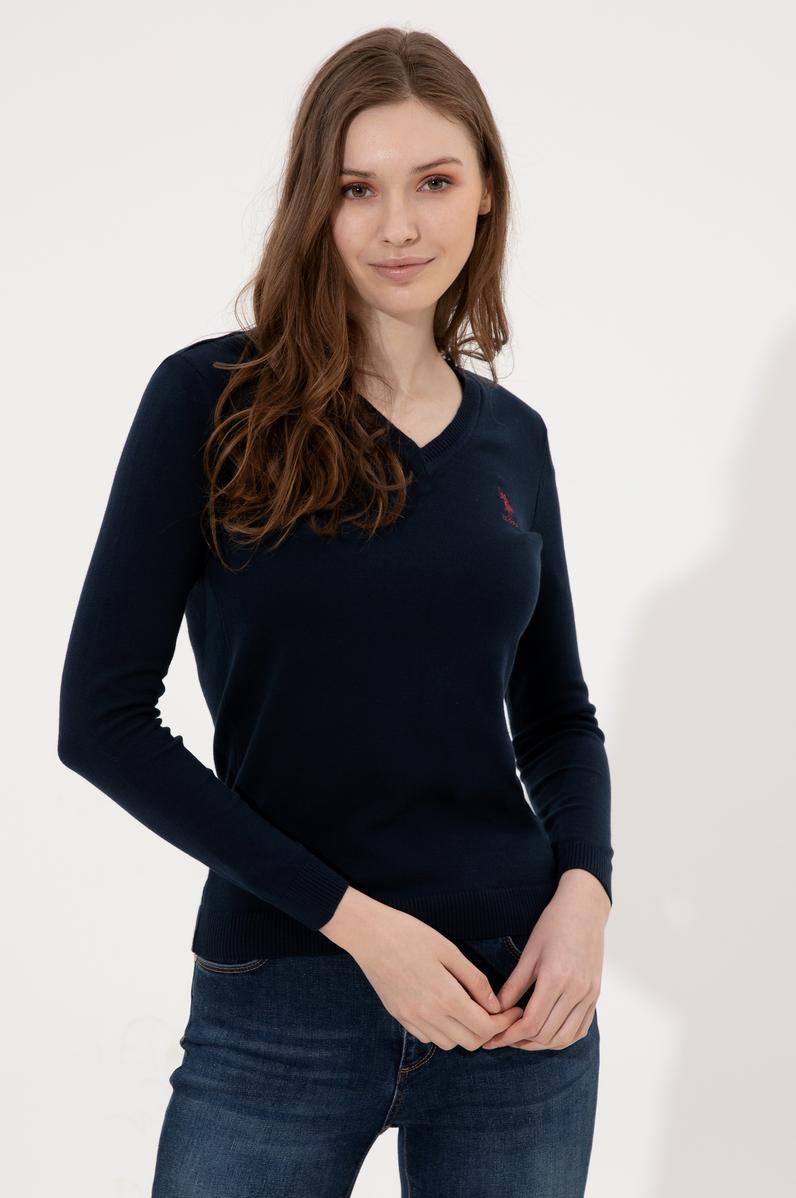 Kadın Lacivert Basic V Yaka Kazak
