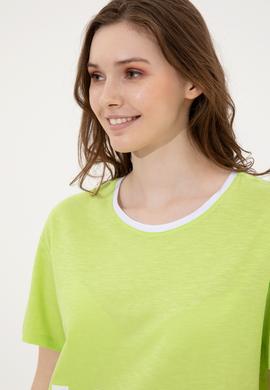 Kadın Fıstık Yeşili Bisiklet Yaka Tişört - 50248137044