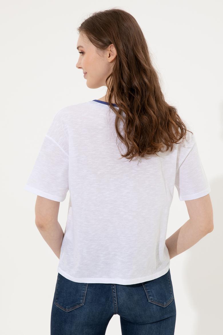 Kadın Mavi Bisiklet Yaka Tişört - 50248137029