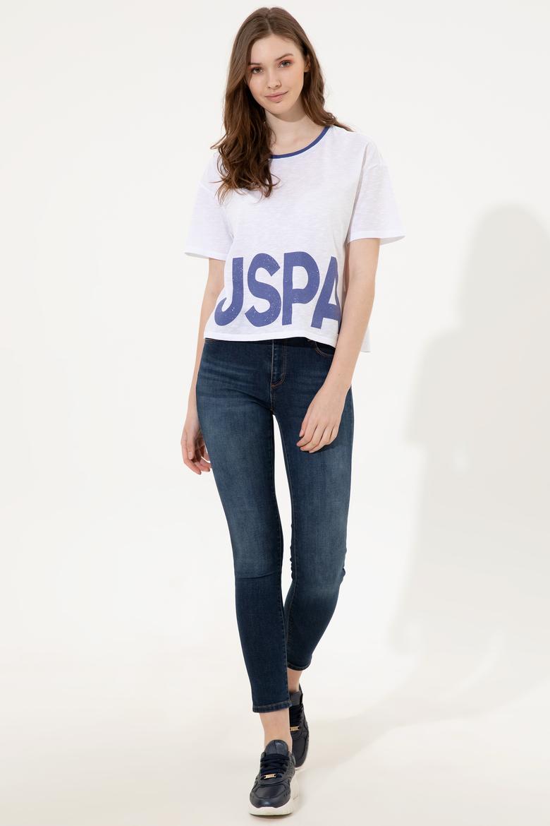 Kadın Mavi Bisiklet Yaka Tişört - 50248137029