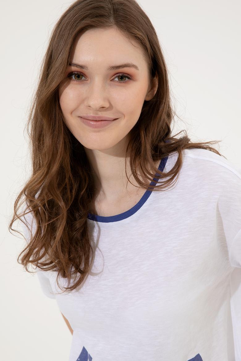 Kadın Mavi Bisiklet Yaka Tişört - 50248137029