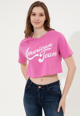 Kadın Pembe Bisiklet Yaka Crop Tişört - 50248957002