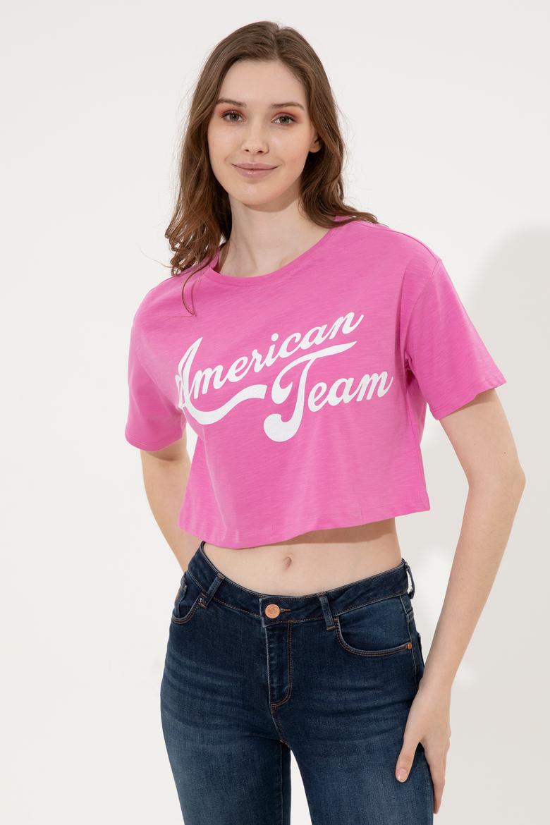 Kadın Pembe Bisiklet Yaka Crop Tişört - 50248957002